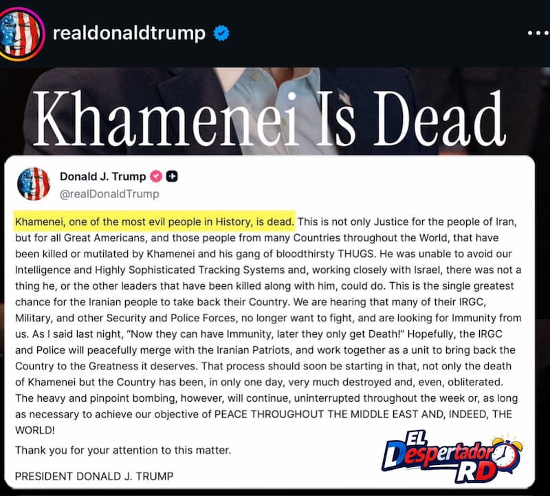 Trump confirma muerte del líder supremo de Irán