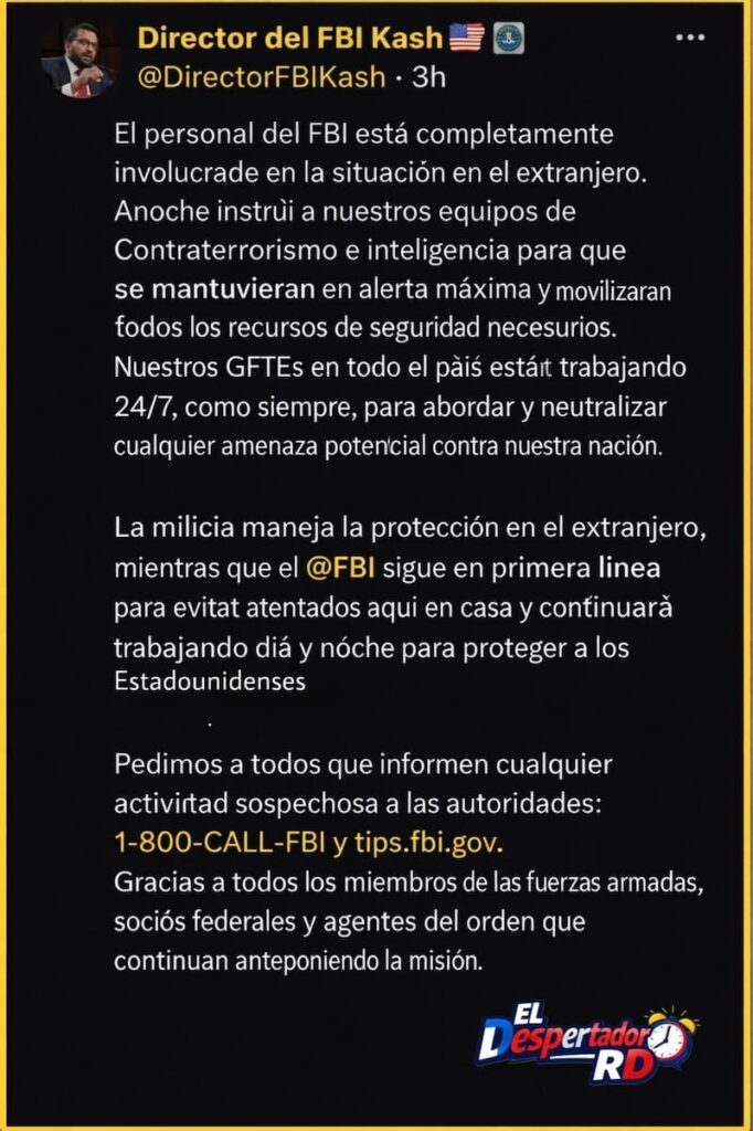 Mensaje de alerta director del FBI tras ataques a Irán